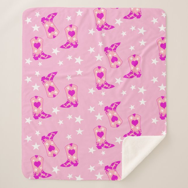 Moderner Girly Pink Cowgirl Western Stiefts Stars  Sherpadecke (Vorderseite)