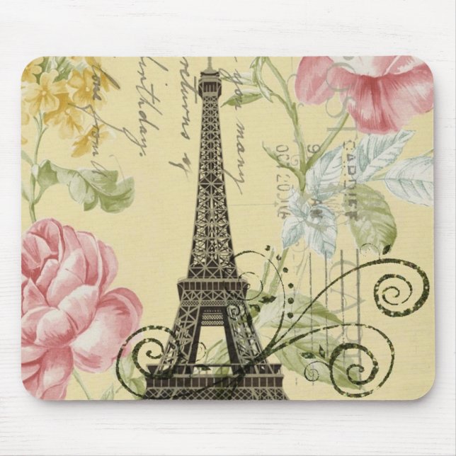 Moderner Girly Vintager mit Blumenturm Paris Mousepad (Vorne)