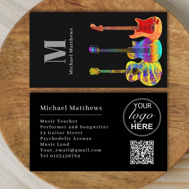 Moderner Gitarrenlehrer - Kundenspezifischer QR-Co Visitenkarte (Modern guitar music teacher professional musician logo qr code black Business card)