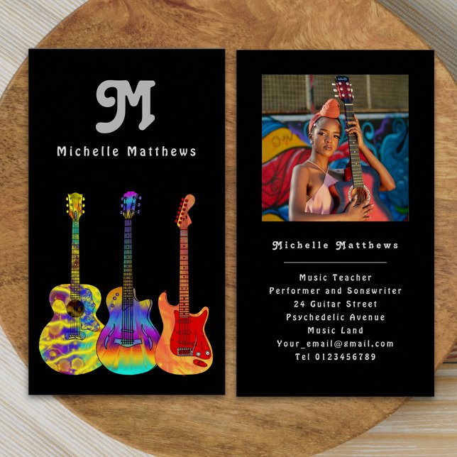 Moderner Gitarrenlehrer Musiker Custom Foto Visitenkarte (Retro Modern guitar music teacher musician photo Business card colorful acoustic electric guitars)