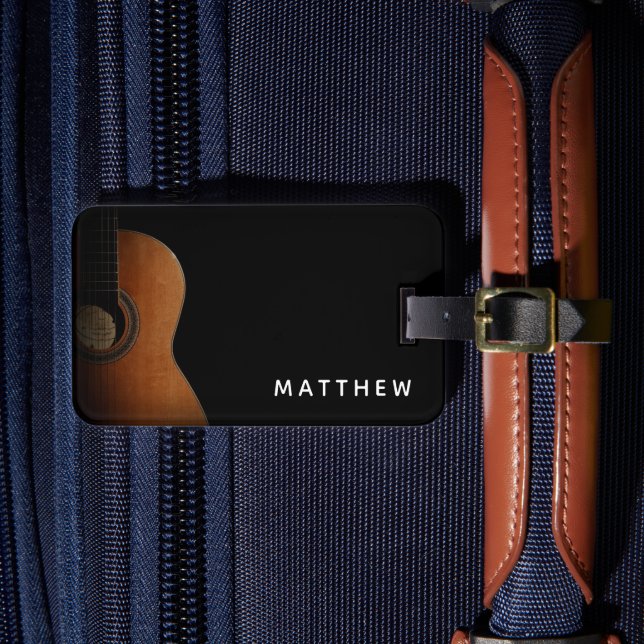 Moderner Gitarrist Schwarz-Weiß-Foto Gepäckanhänger (Vorderseite Insitu 4)