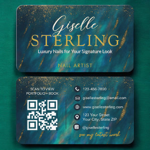 Moderner Glam Nail Artist Green Opal QR-Code Visitenkarte