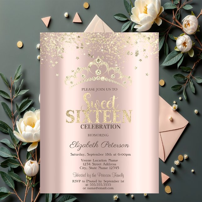 Moderner Glitzer Confetti, Crown Rose Gold Sweet 1 Einladung (Von Creator hochgeladen)