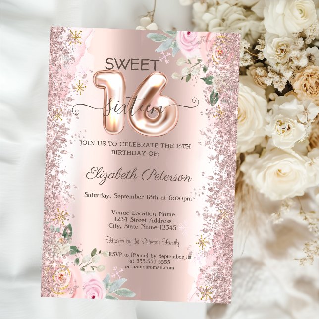 Moderner Glitzer Confetti Rose Gold Rose Sweet 16 Einladung (Von Creator hochgeladen)