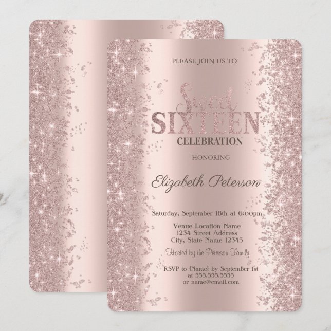 Moderner Glitzer Confetti Rose Gold Sweet 16 Einladung (Vorne/Hinten)