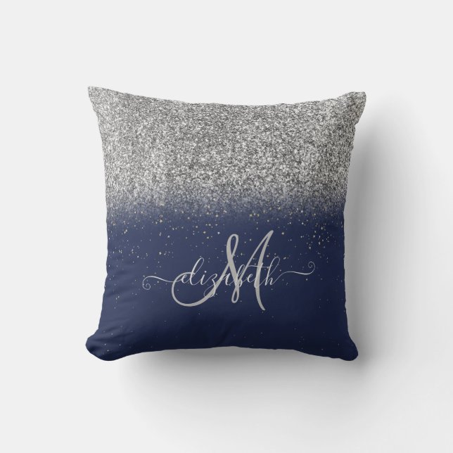 Moderner Glitzer Ombre Silver Monogram Navy Blue Kissen (Vorderseite)