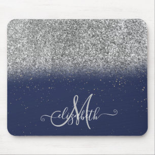 Moderner Glitzer Ombre Silver Monogram Navy Blue Mousepad