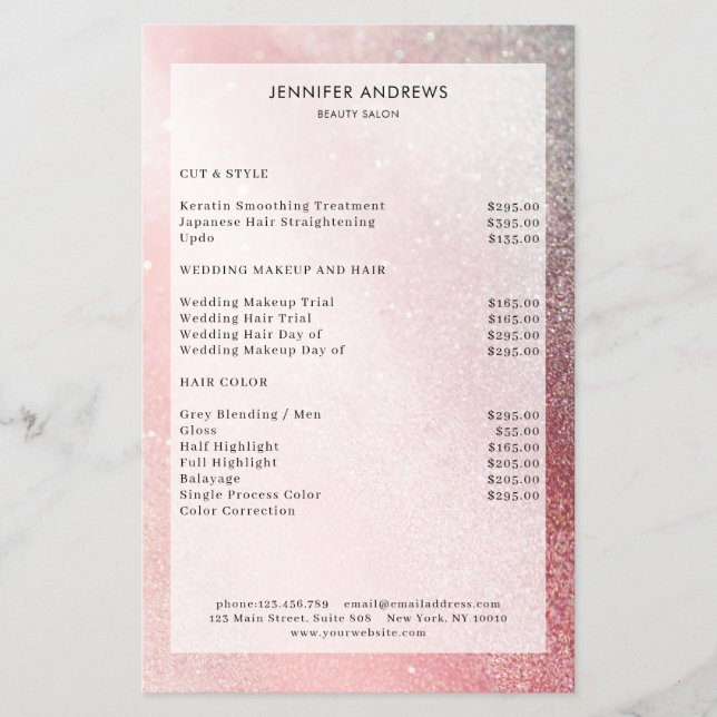 Moderner Glitzer Salon Preisliste Flyer (Vorne)