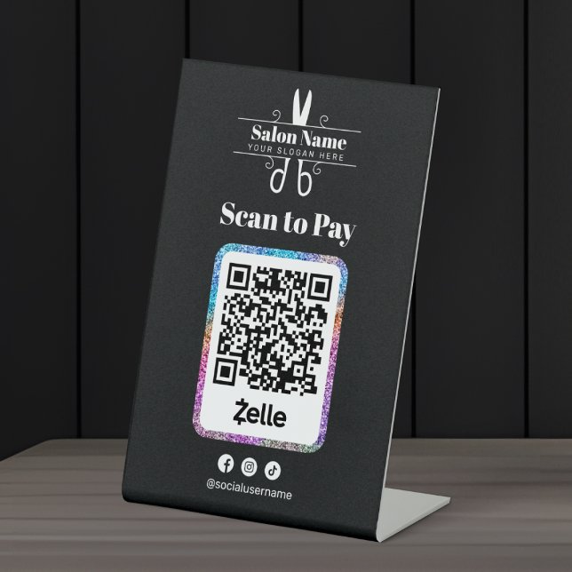 Moderner Glitzer Salon Scan to Pay Zelle Qr Code Sockelschild (Von Creator hochgeladen)