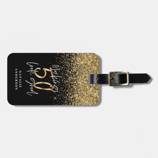 Moderner Glitzer Schwarz und Gold 50. Gepäckanhänger (Vorderseite horizontal)