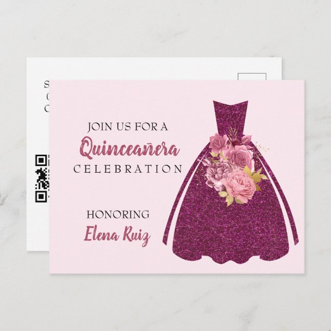 Moderner Glitzer von Quinceañera - QR-Kodex Einlad Ankündigungspostkarte (Vorne/Hinten)