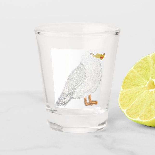 Moderner glücklicher Möwe mit Pommes frites Schnapsglas (Vorderseite)