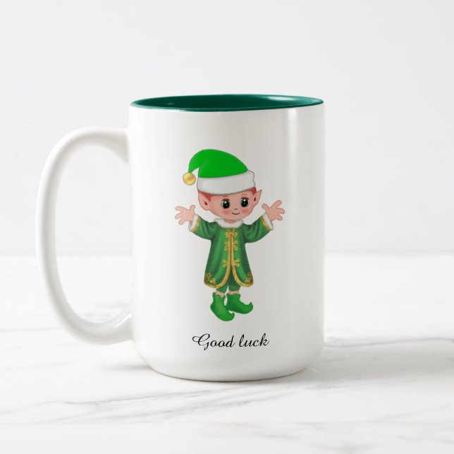 Moderner Glücks-Elf mit Schrift und Monogramm-Tass Zweifarbige Tasse (Links)