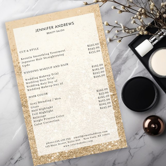 Moderner Gold Glitzer Salon Preisliste Flyer (Von Creator hochgeladen)
