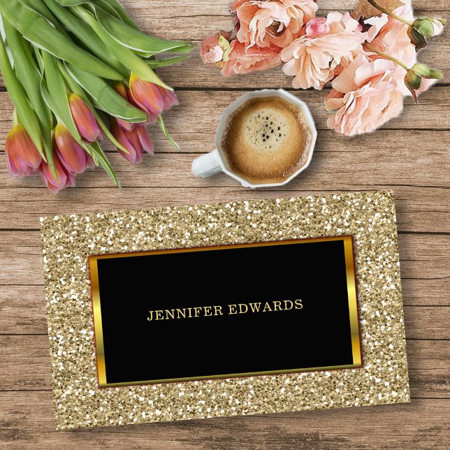 Moderner Gold golden Glitzer stilvoll beruflich Visitenkarte (Modern Gold golden Glitter, black gold frame, stylish professional Business Card.)