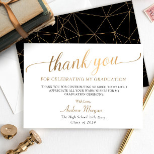 Moderner Gold Script Black & White Abschluss Dankeskarte