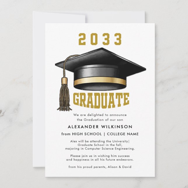 Moderner Gold Script Minimalistisch GRAD Cap Absch Ankündigung (Vorderseite)