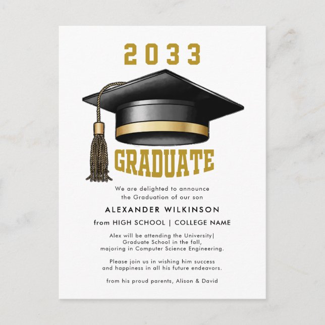 Moderner Gold Script Minimalistisch GRAD Cap Absch Ankündigungspostkarte (Vorderseite)