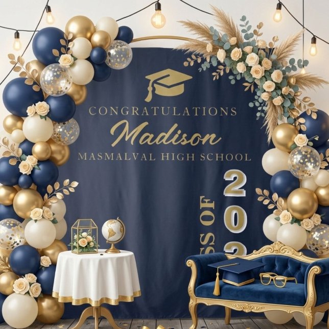 Moderner Gold Script Navy Blue Abschluss Wandteppich (Von Creator hochgeladen)