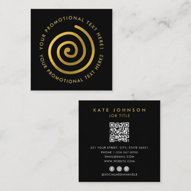 Moderner Gold Spiral Logo Scannable QR Code Black Quadratische Visitenkarte (Vorne/Hinten)