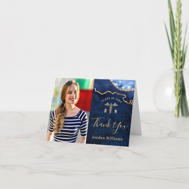 Moderner Golden Blue Marble Agate RN Abschluss als Dankeskarte (Vorderseite)