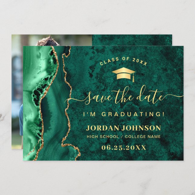Moderner Golden Emerald Marble Abschluss QR-Code Save The Date (Vorne/Hinten)
