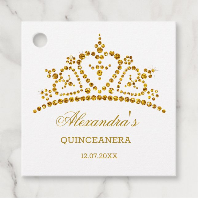 Moderner Goldene Glitzer-Effekt Tiara Quinceanera Geschenkanhänger (Vorderseite)