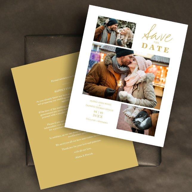 Moderner Goldener Effekt 3 Fotos Hochzeit (Budget Modern Faux Golden Effect 3 Photos Collage Save the Date Card with Envelope.)