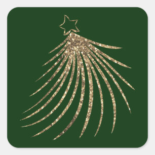 Moderner Goldener Glitzer Weihnachtsbaum Grün Quadratischer Aufkleber