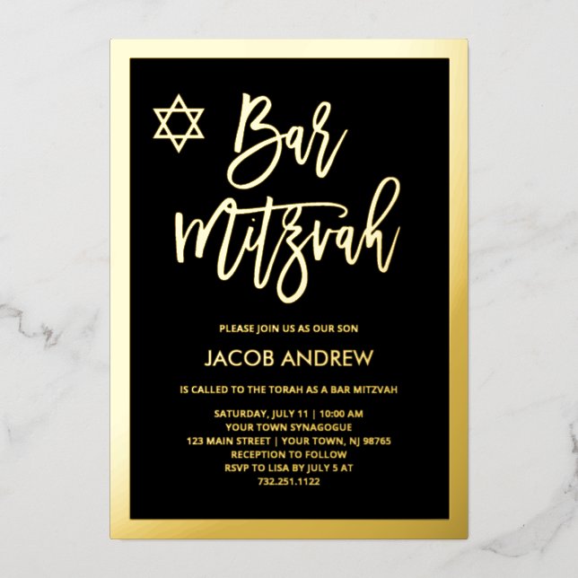 Moderner Goldfilm und Schwarze Bar Mitzvah Folieneinladung (Vorderseite)