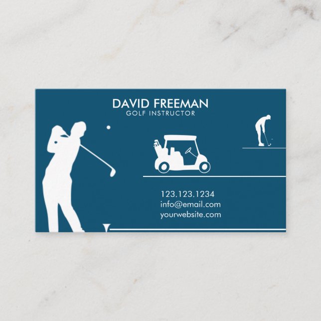 Moderner Golfer & Cart Blue Golf Instructor Visitenkarte (Vorderseite)