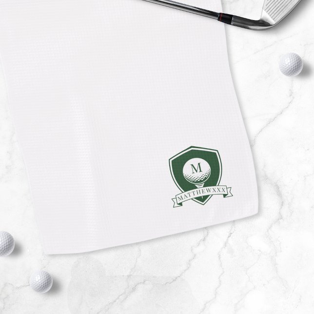 Moderner Golfer Name Grün und Weiß Monogramm Golfhandtuch (Modern Golfer Name Green and White Monogram Golf Towel)