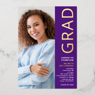 Moderner Grad 2025 Foto Abschluss Lila Gold Real Folieneinladung