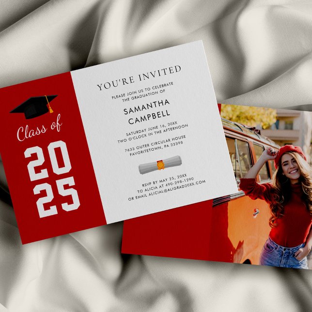 Moderner Grad Foto Abschluss 2025 Einladung (Graduation 2025 Red and White Party Invitation)