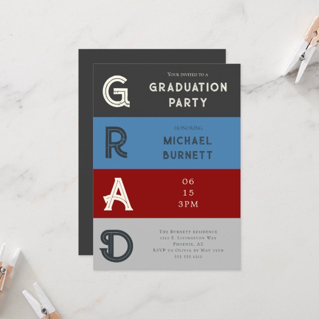 Moderner Grad Grau Strip Abschluss Einladung (Vorderseite/Rückseite Beispiel)