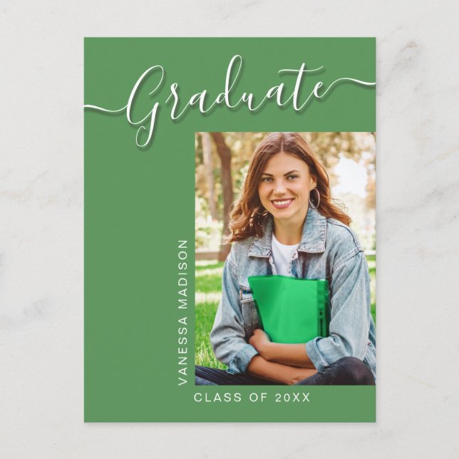 Moderner Grad | Green 1 Foto Elegantes Script Postkarte (Vorderseite)