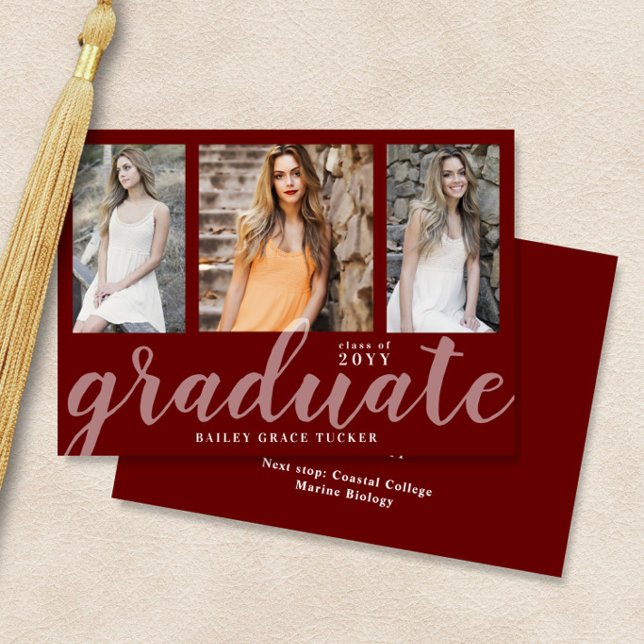 Moderner Graduate 3-Foto Collage Roter Abschluss Ankündigung (Von Creator hochgeladen)