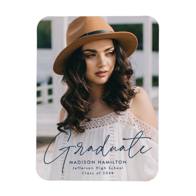 Moderner Graduate Navy Script Foto Abschluss Magnet (Vertikal)