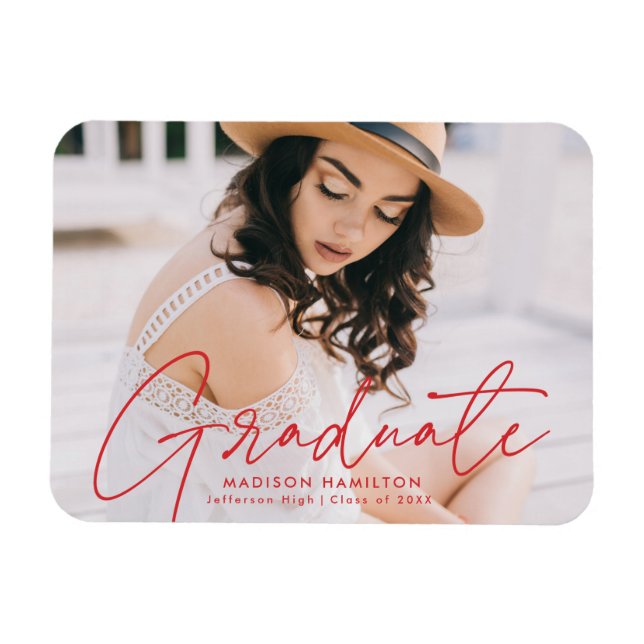 Moderner Graduate Red Script Foto Abschluss Magnet (Horizontal)
