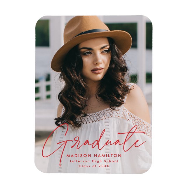 Moderner Graduate Red Script Foto Abschluss Magnet (Vertikal)