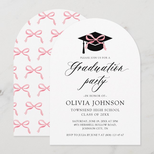 Moderner Graduiertenkap Pink Bow Abschluss Arched Einladung (Vorne/Hinten)