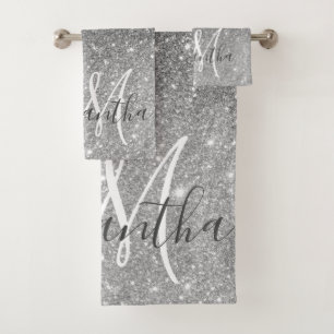 Moderner grauer Glitzer Glitzern Personalisiert Na Badhandtuch Set