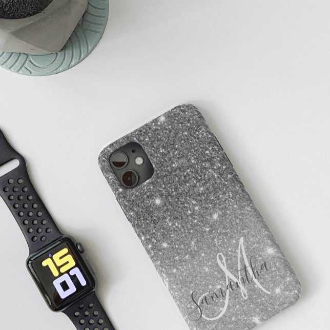 Moderner grauer Glitzer Glitzern Personalisiert Na Case-Mate iPhone Hülle (Von Creator hochgeladen)