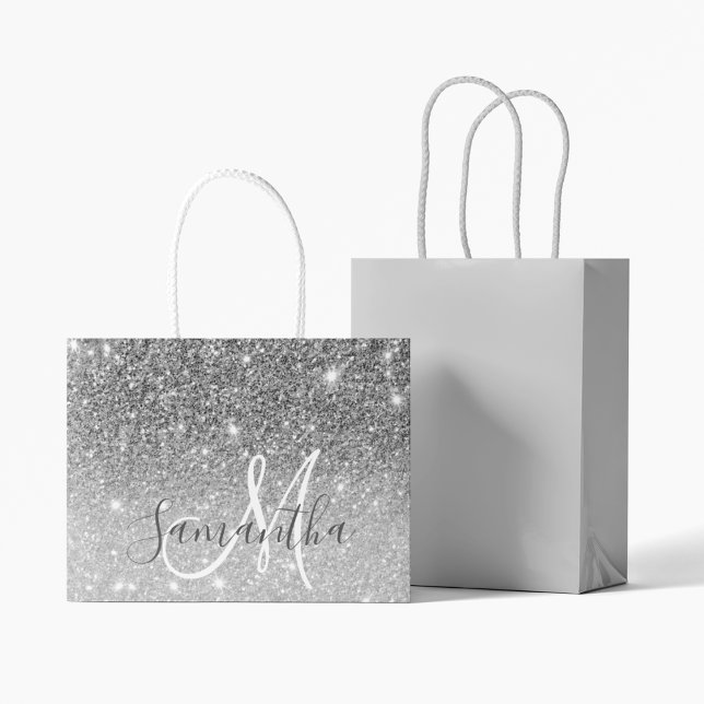 Moderner grauer Glitzer Glitzern Personalisiert Na Große Geschenktüte (Von Creator hochgeladen)