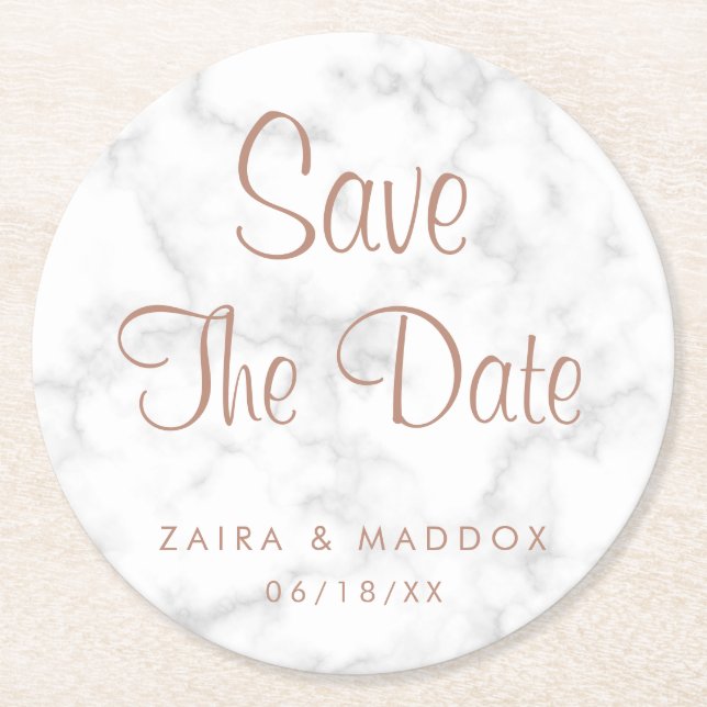 Moderner grauer Marmor mit Rose Gold Save the Date Runder Pappuntersetzer (Vorderseite)