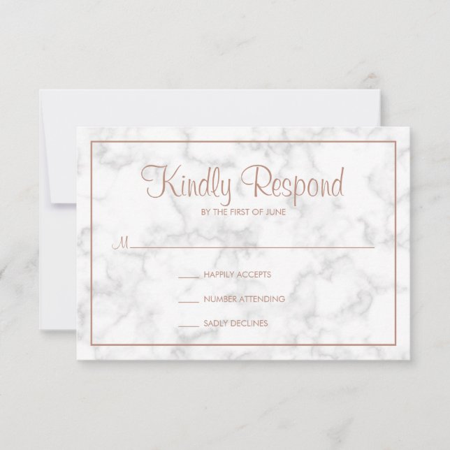 Moderner grauer Marmor mit Rose Gold Script Hochze RSVP Karte (Vorderseite)