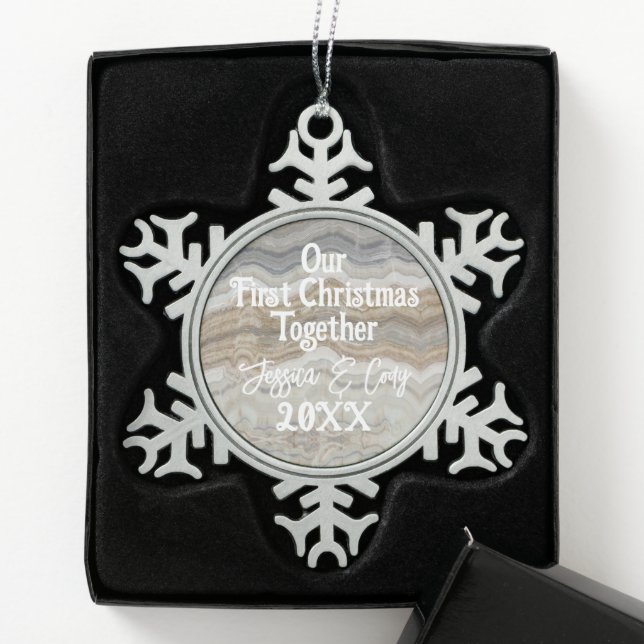 Moderner grauer Marmor - unser erstes Weihnachtsfe Schneeflocken Zinn-Ornament (Box)
