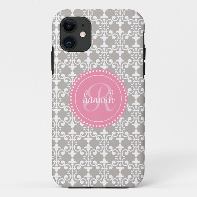 Moderner grauer und rosa Damast personalisiert Case-Mate iPhone Hülle (Rückseite)