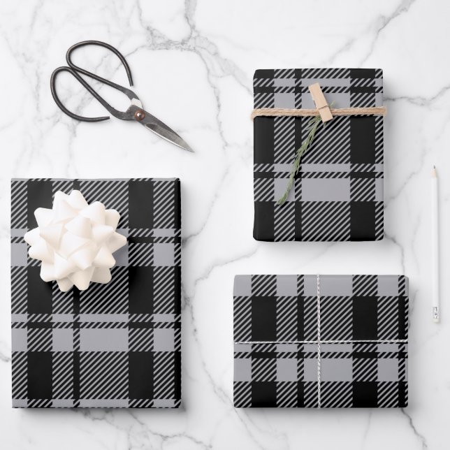 Moderner Grauer und Schwarzer Tartan Kariert Geschenkpapier Set (Vorderseite)