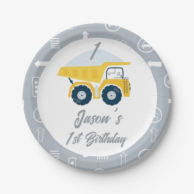 Moderner Graugelber Sprungwagen 1. Geburtstag Pappteller (Vorderseite)